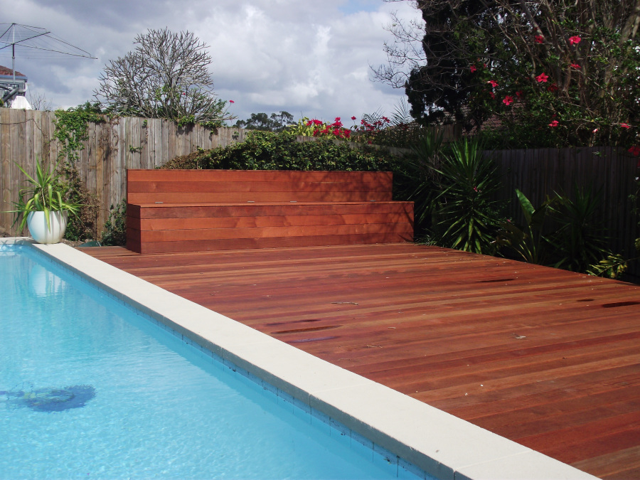 Hardwood pool deck with bench