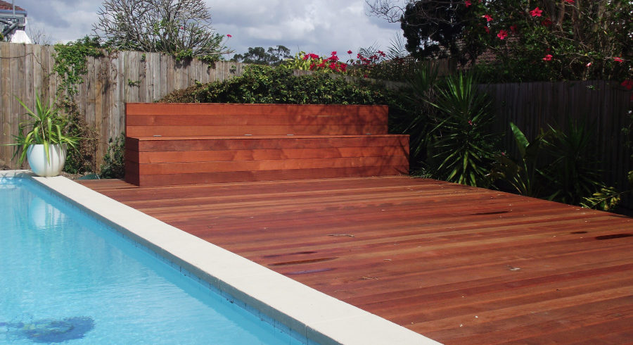 Hardwood pool deck with bench